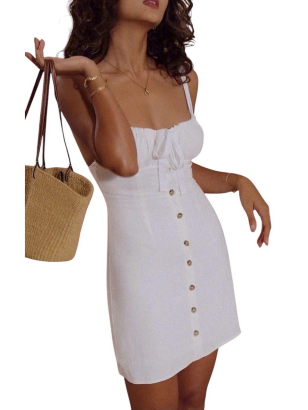 Commense White Button-Front Mini Dress with Tie Bodice
